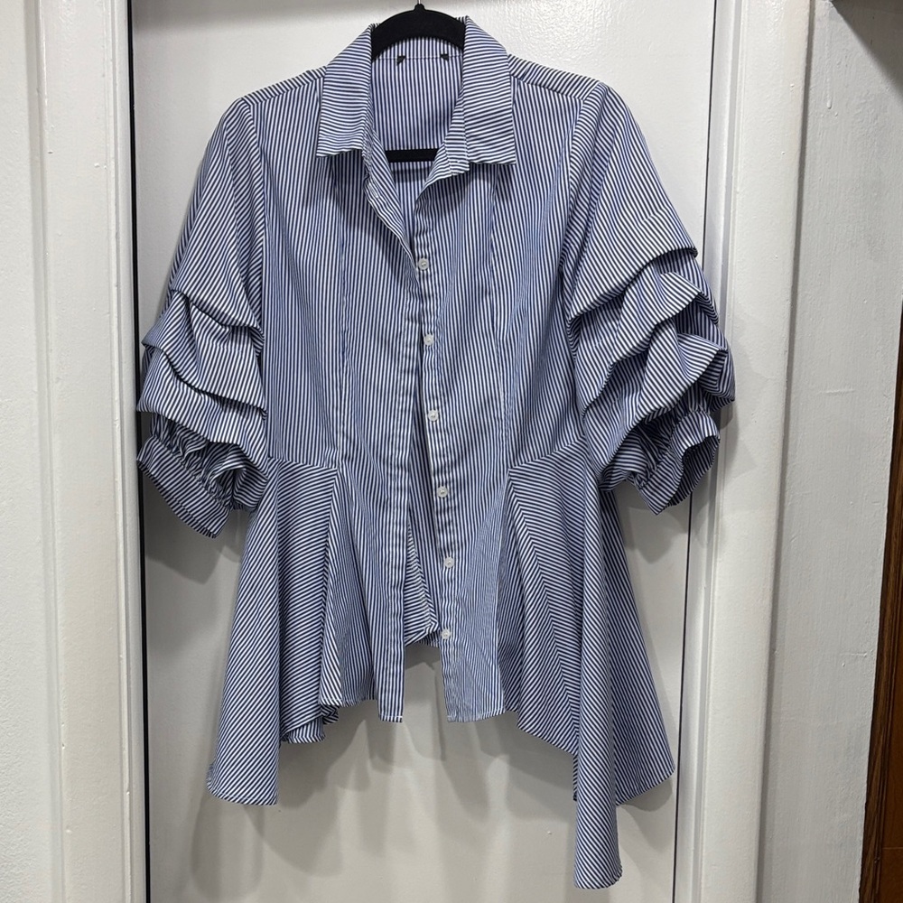 Blue Striped Ruffle Sleeve Blouse - Picture 1 of 4